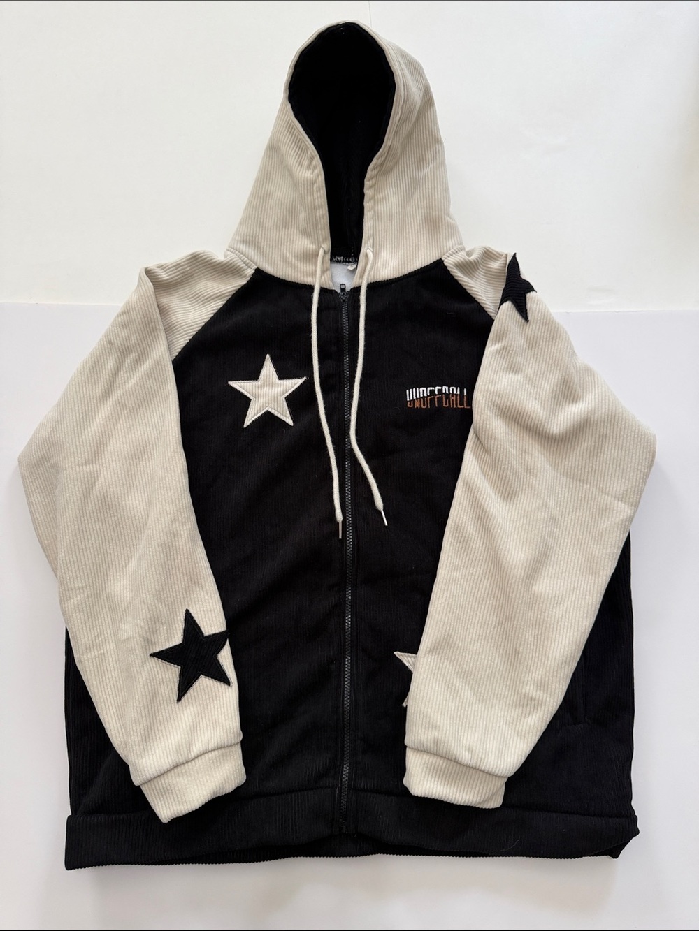 Corduroy Y2K Patchwork Hoodie Full Zip-up Jacket in Black & Cream